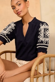 Love & Roses Navy Blue V Neck Embroidered Shorts Sleeve Jersey T-Shirt - Image 1 of 4
