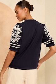 Love & Roses Navy Blue V Neck Embroidered Shorts Sleeve Jersey T-Shirt - Image 3 of 4