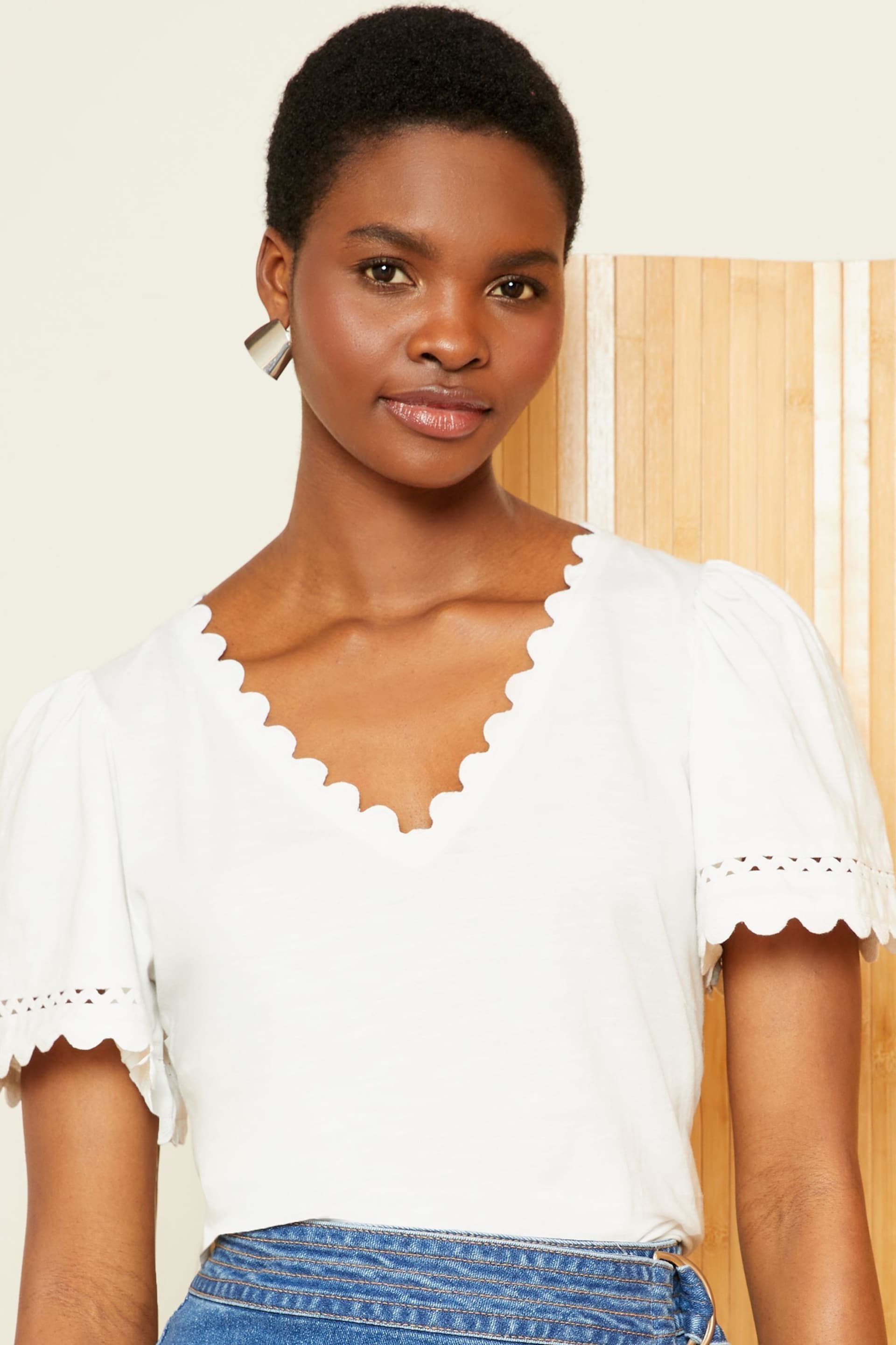 Love & Roses Ivory White Scallop V Neck Jersey T-Shirt - Image 1 of 4