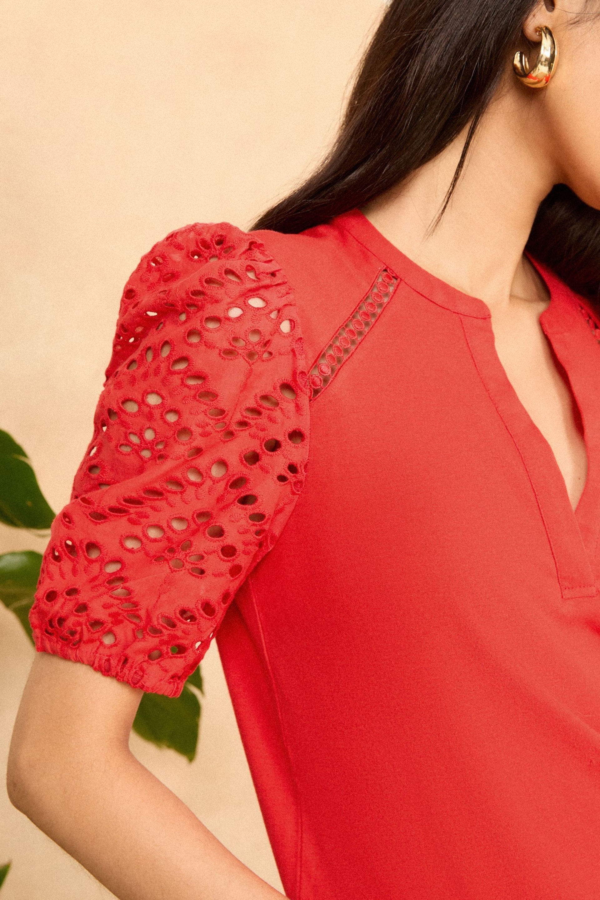 Love & Roses Chilli Red Broderie Short Sleeve V Neck Jersey Top - Image 2 of 4
