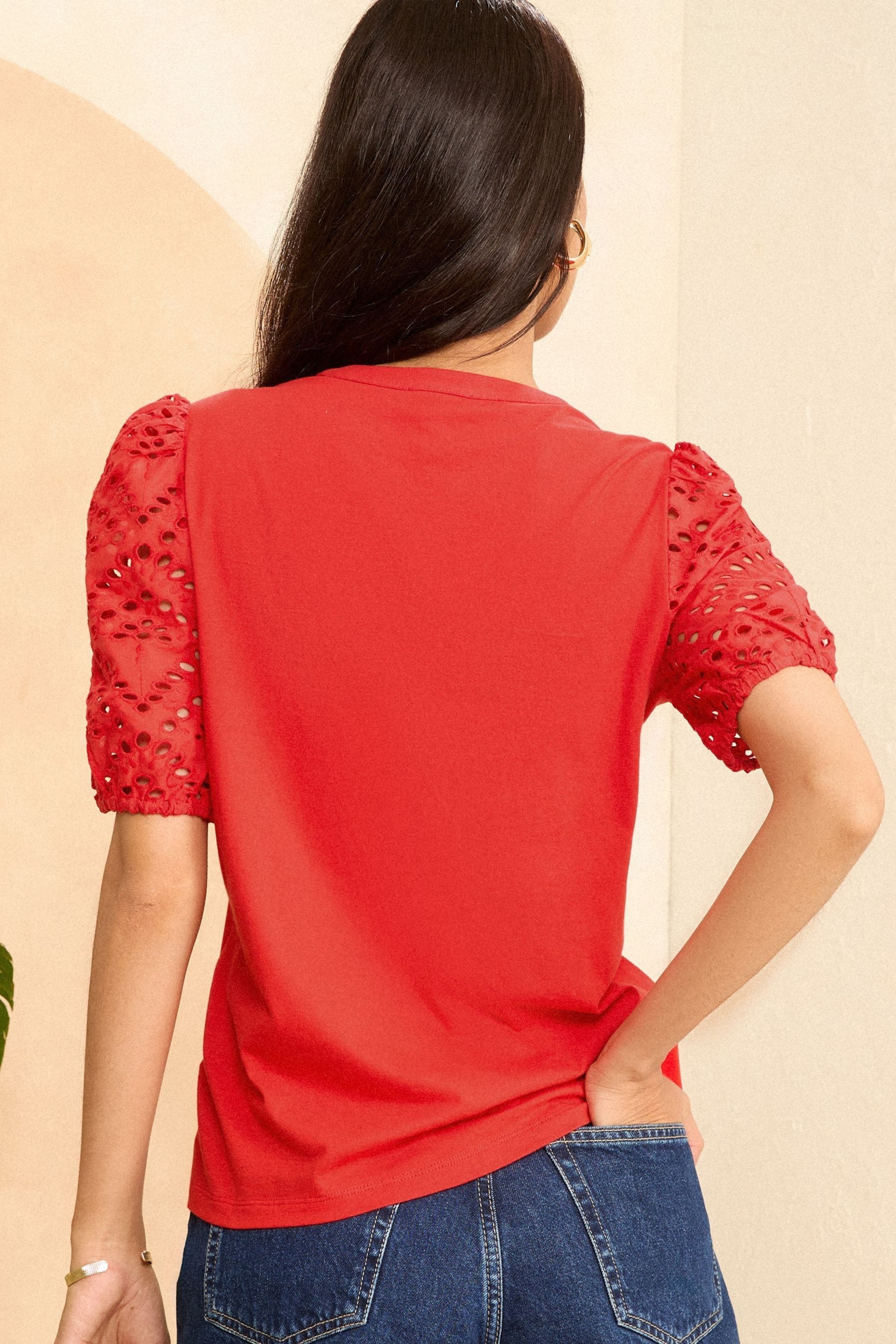 Love & Roses Chilli Red Broderie Short Sleeve V Neck Jersey Top - Image 3 of 4