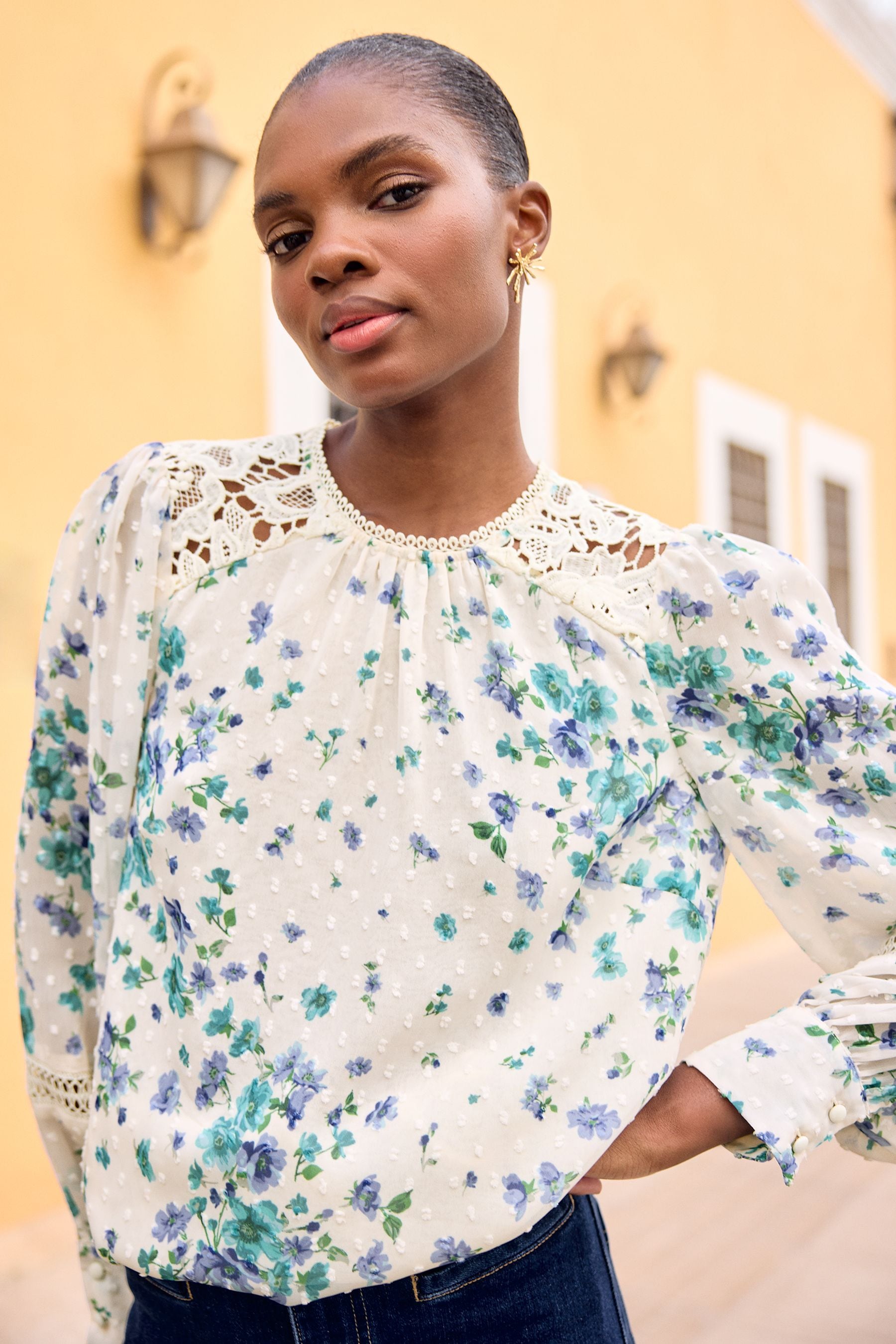 Buy Love Roses Ivory White Floral Print Lace Long Sleeve Blouse from Next Luxembourg
