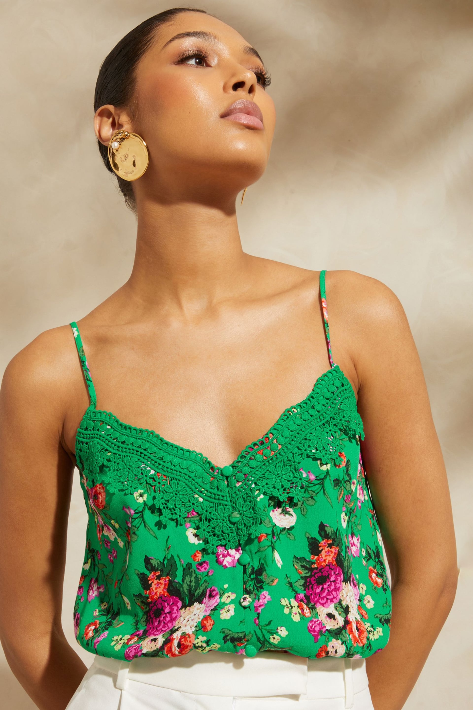 V&A | Love & Roses Green Lace Trim Camisole - Image 1 of 4