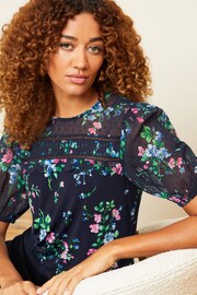 Love & Roses Navy Blue Floral Petite Scallop Dobby Yoke Round Neck Short Sleeve Jersey Top - Image 3 of 4