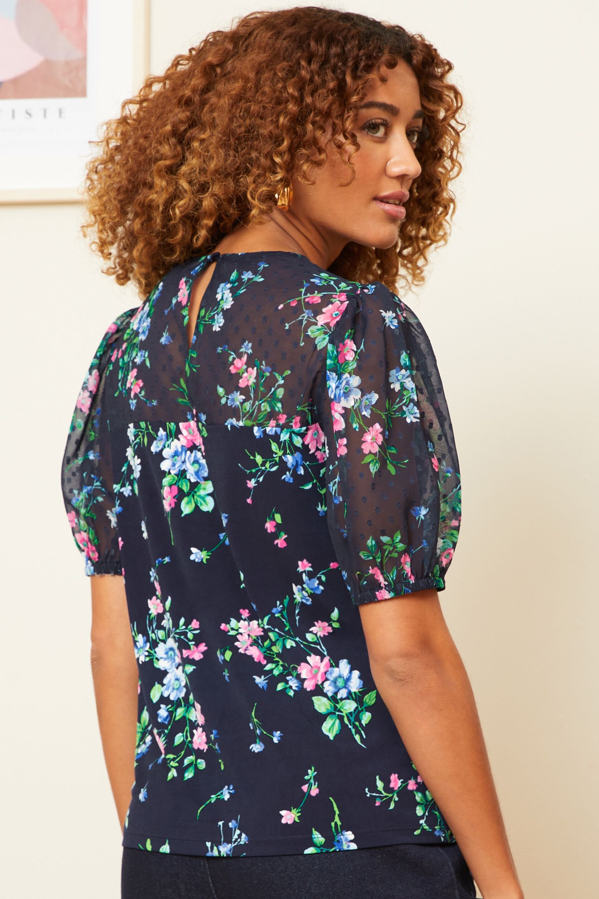 Love & Roses Navy Blue Floral Petite Scallop Dobby Yoke Round Neck Short Sleeve Jersey Top - Image 4 of 4