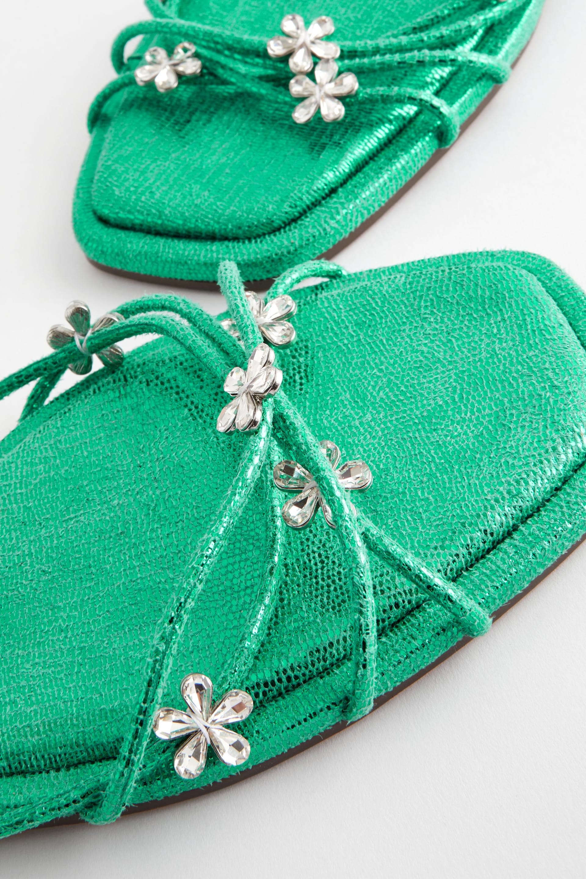 Green Metallic Jewelled Flower Strappy Sandals - Image 10 of 10