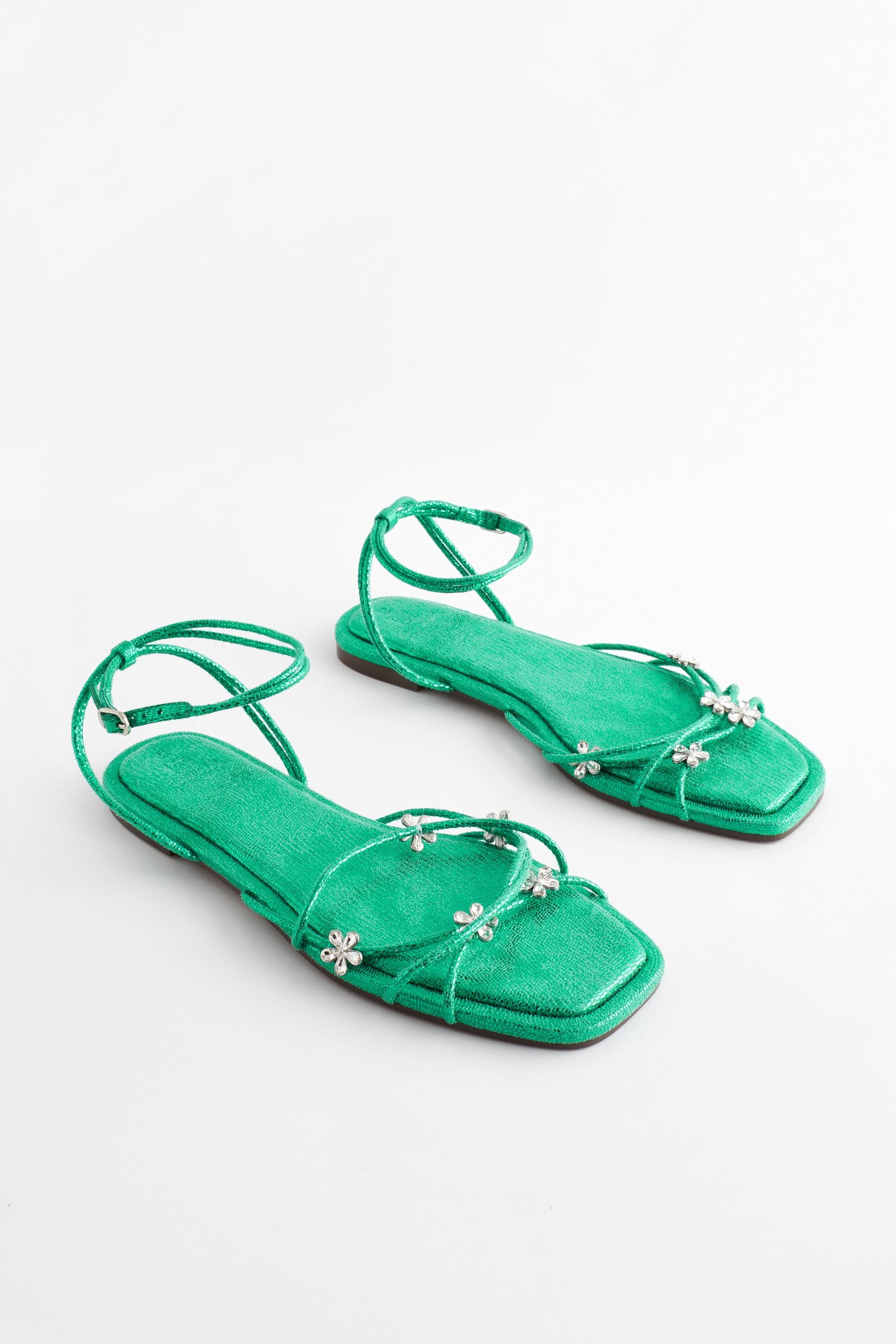 Green Metallic Jewelled Flower Strappy Sandals - Image 5 of 10