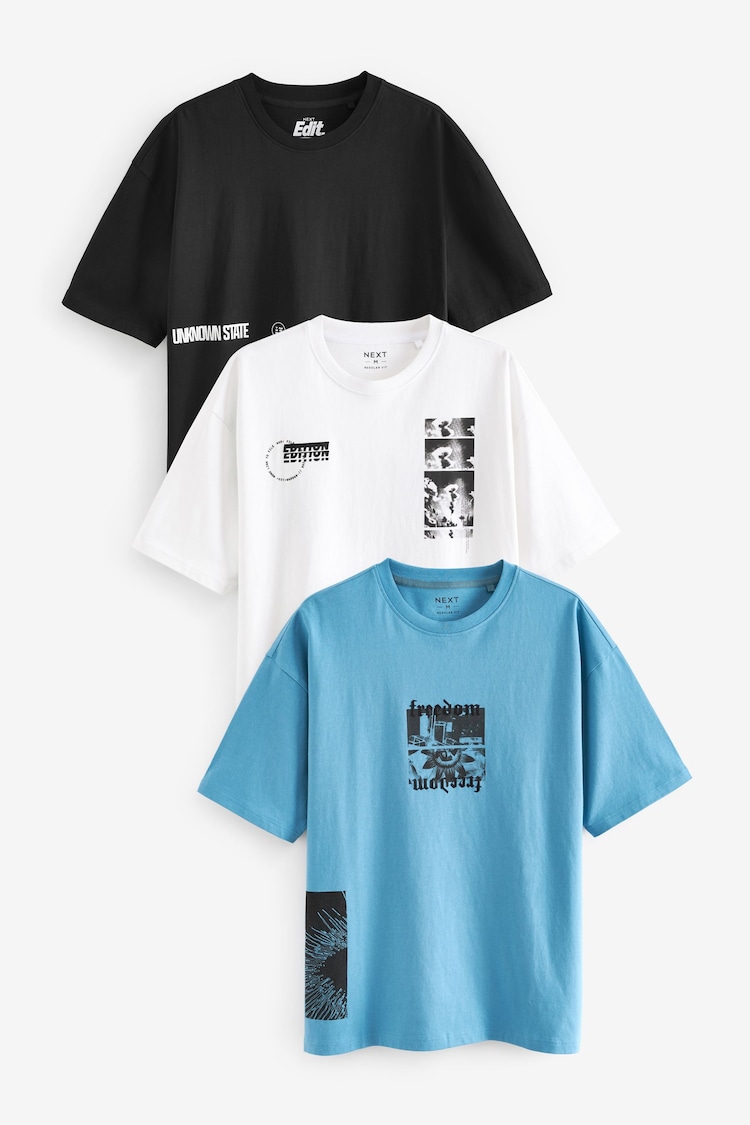 Black/White/Blue 100% Cotton Graphic Print T-Shirts 3 Pack - Image 1 of 16