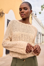 Love & Roses Gold Pointelle Scallop Cuff Knitted Jumper - Image 1 of 4