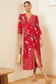 Love & Roses Red Patched Floral Petite V Neck Twist Front Long Sleeve Midi Dress - Image 1 of 4