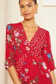Love & Roses Red Patched Floral Petite V Neck Twist Front Long Sleeve Midi Dress - Image 2 of 4