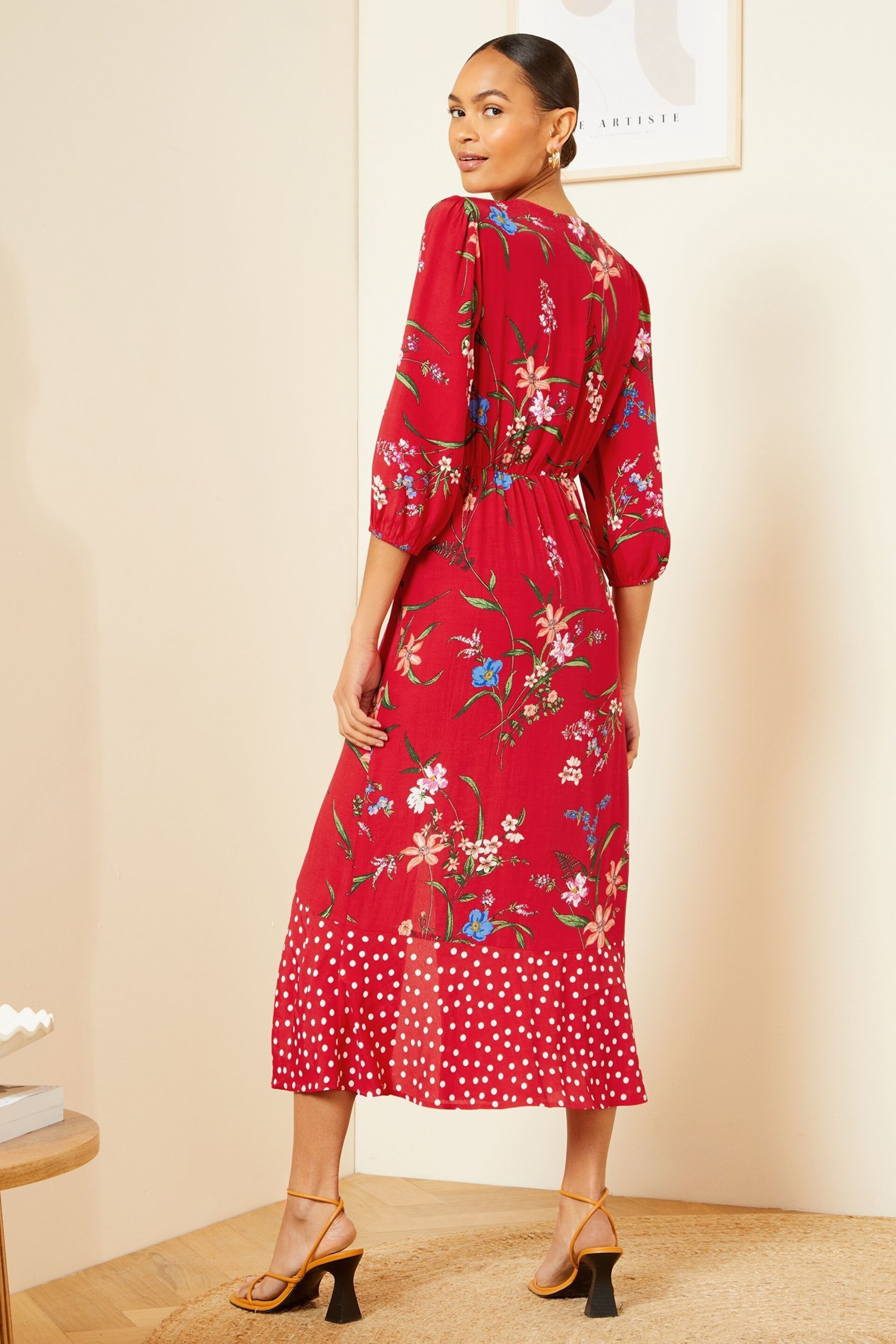 Love & Roses Red Patched Floral Petite V Neck Twist Front Long Sleeve Midi Dress - Image 3 of 4