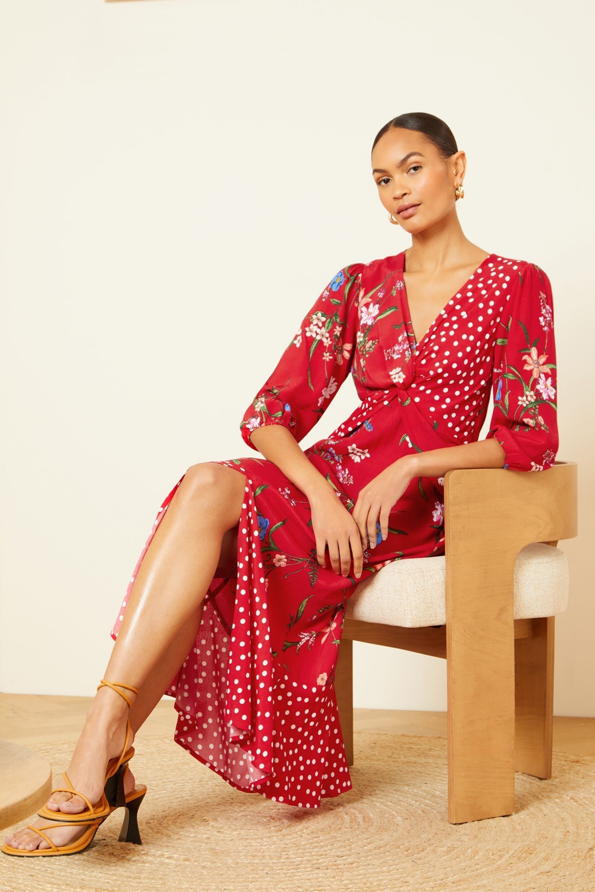 Love & Roses Red Patched Floral Petite V Neck Twist Front Long Sleeve Midi Dress - Image 4 of 4