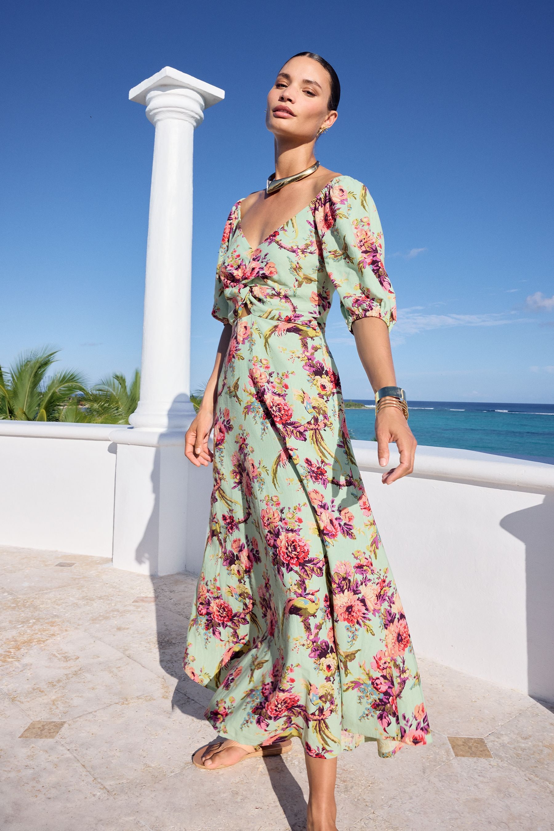Buy V A Love Roses Green Floral Petite Linen Blend Printed Twist Front Puff Sleeve Midi Dress from Next Luxembourg