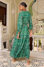 V&A | Love & Roses Green Floral Petite Printed V Neck Metallic Tie Cuff Midi Dress - Image 3 of 4