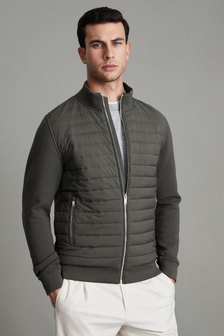 Reiss Sage Freddie Hybrid Quilt and Knit Zip-Through Jacket - Image 1 of 6