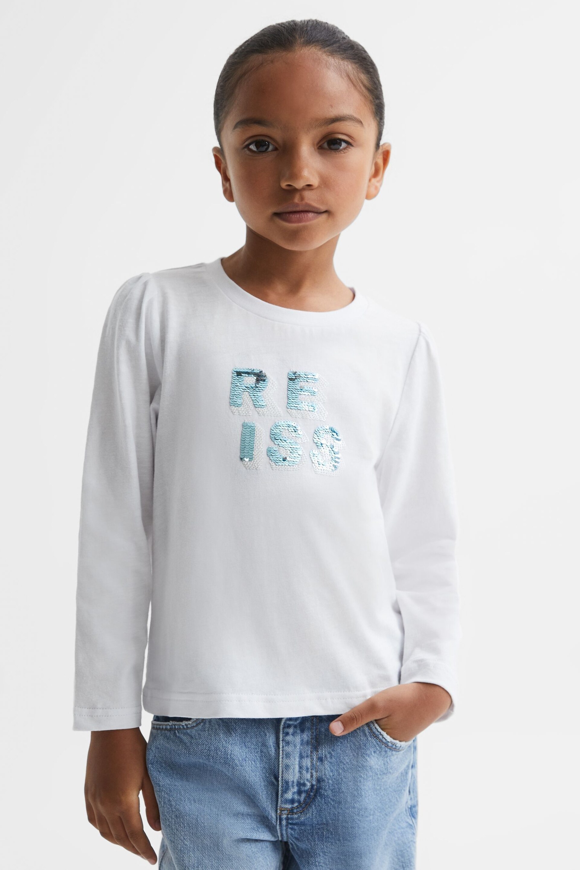 Reiss White Ria Senior Cotton Sequin Motif Top - Image 3 of 6