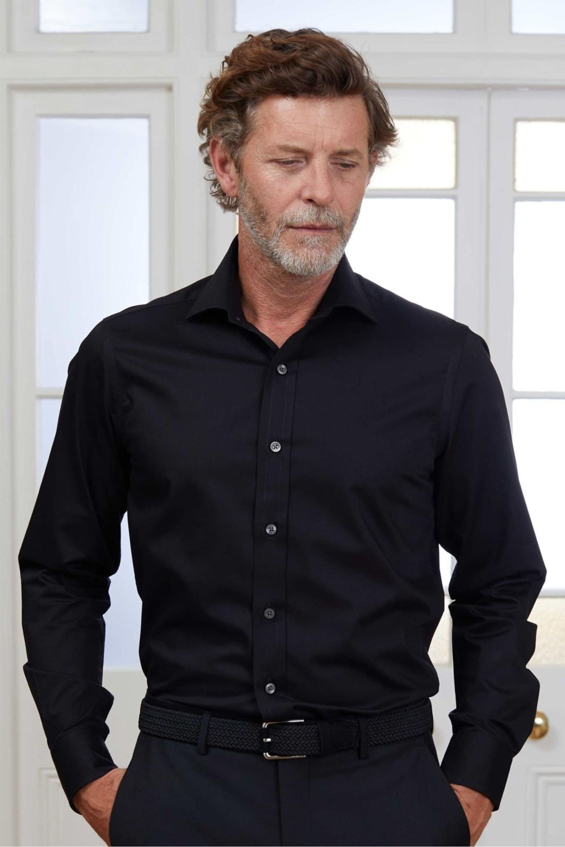 Savile Row Company Fine Twill Slim Single Cuff Formal Black Shirt - Image 1 of 5