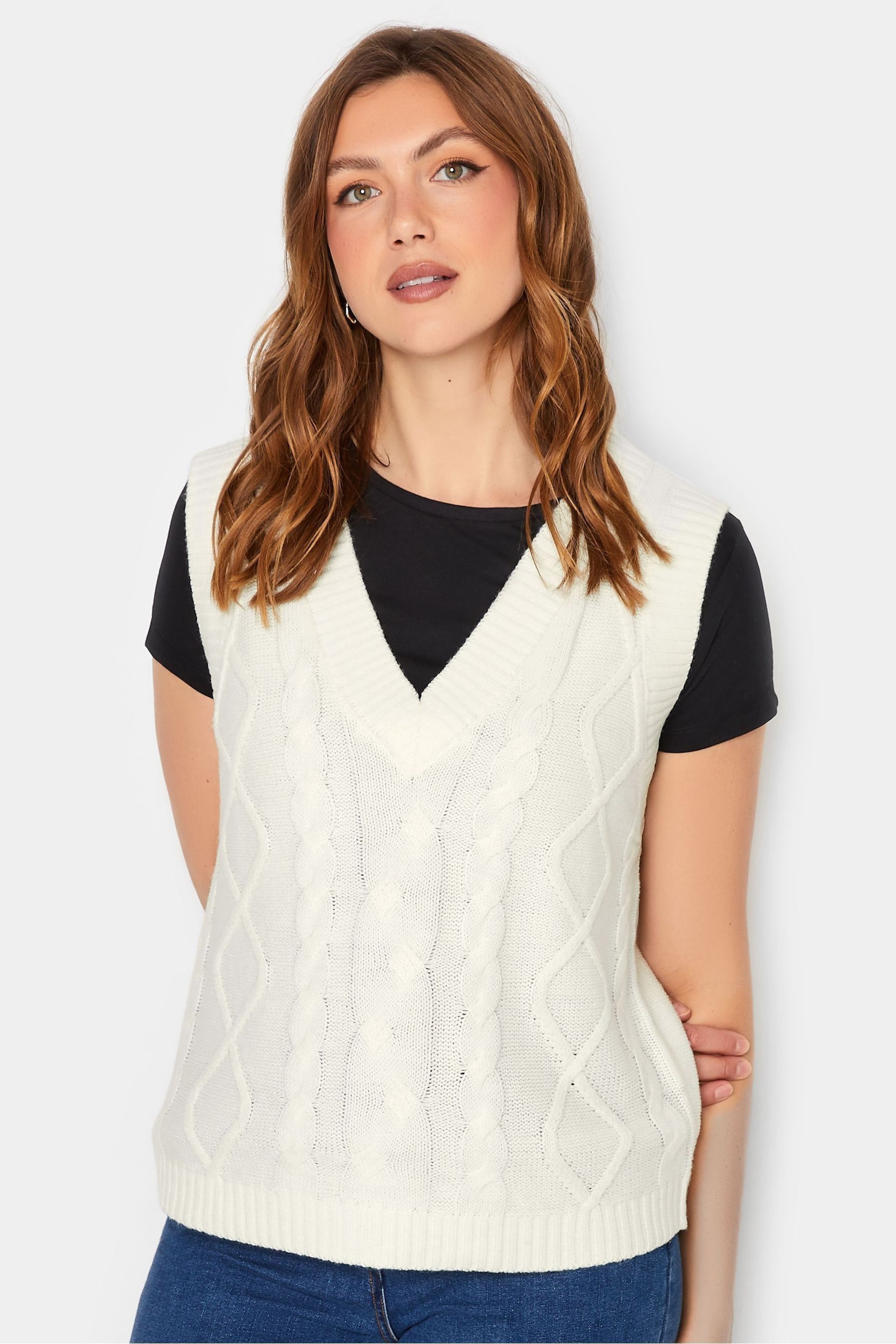 Long Tall Sally White Cable Knit Sweater Vest - Image 1 of 4