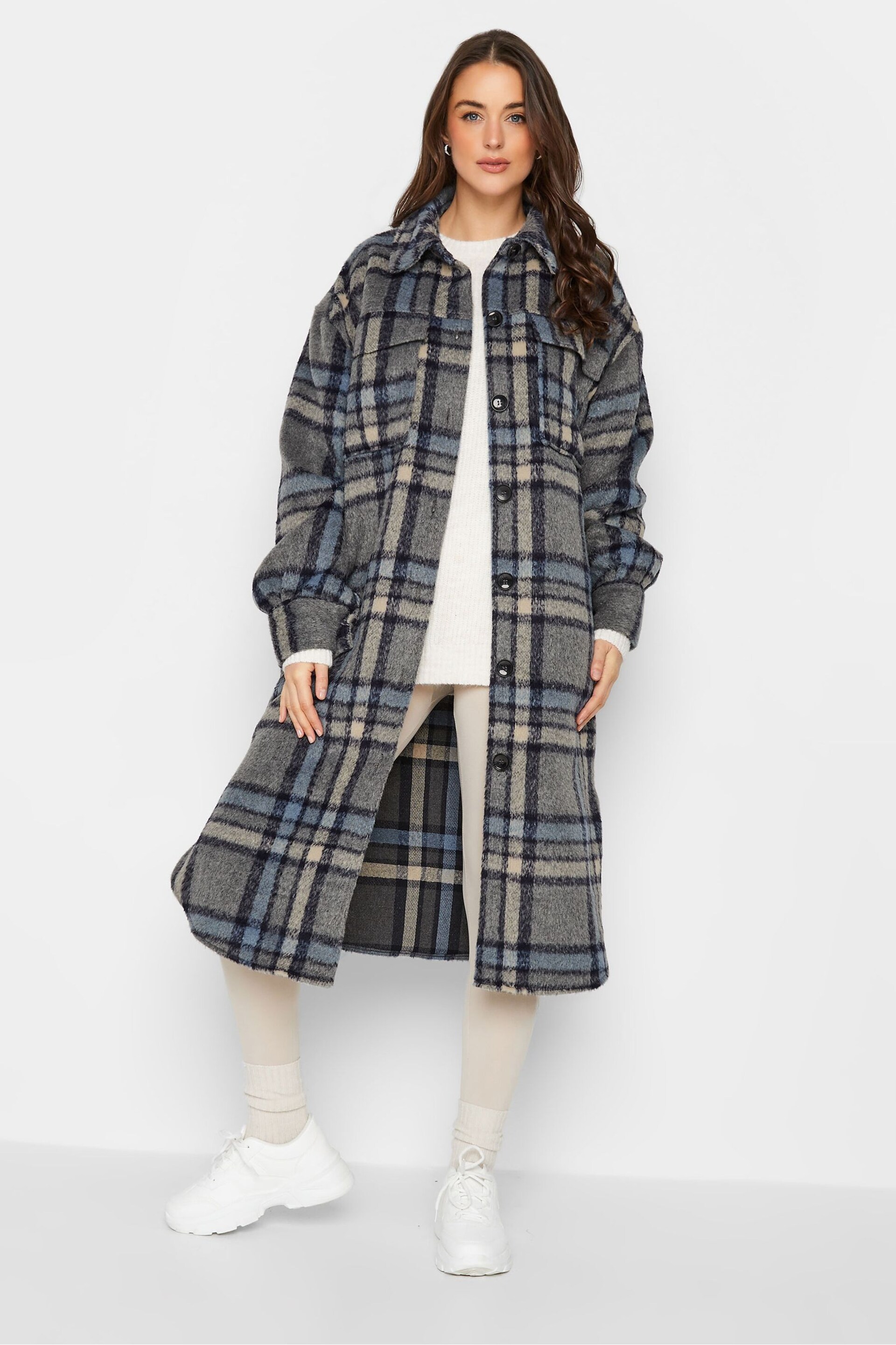 Long Tall Sally Blue Checked Midi Shacket - Image 1 of 4