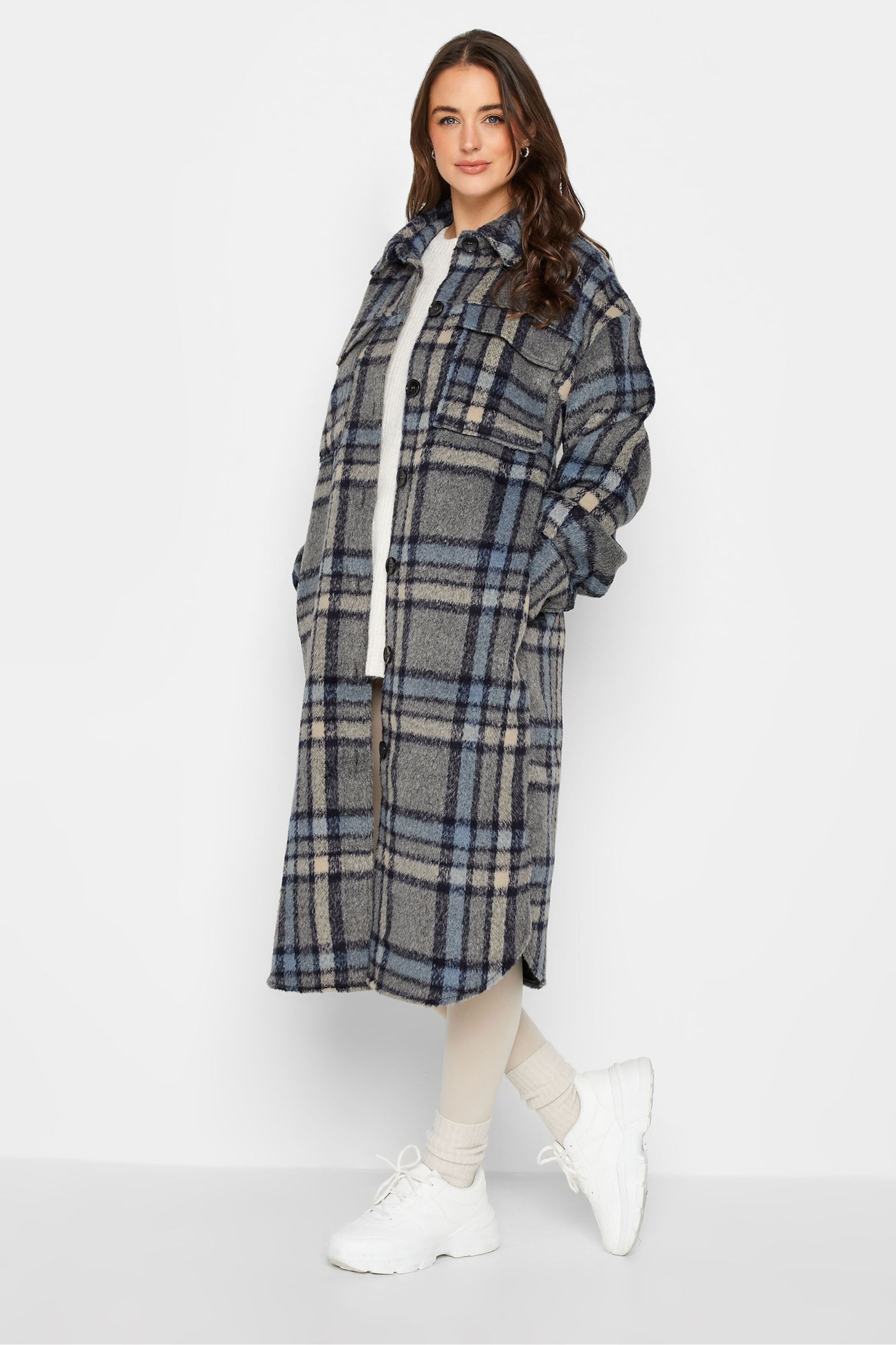 Long Tall Sally Blue Checked Midi Shacket - Image 3 of 4