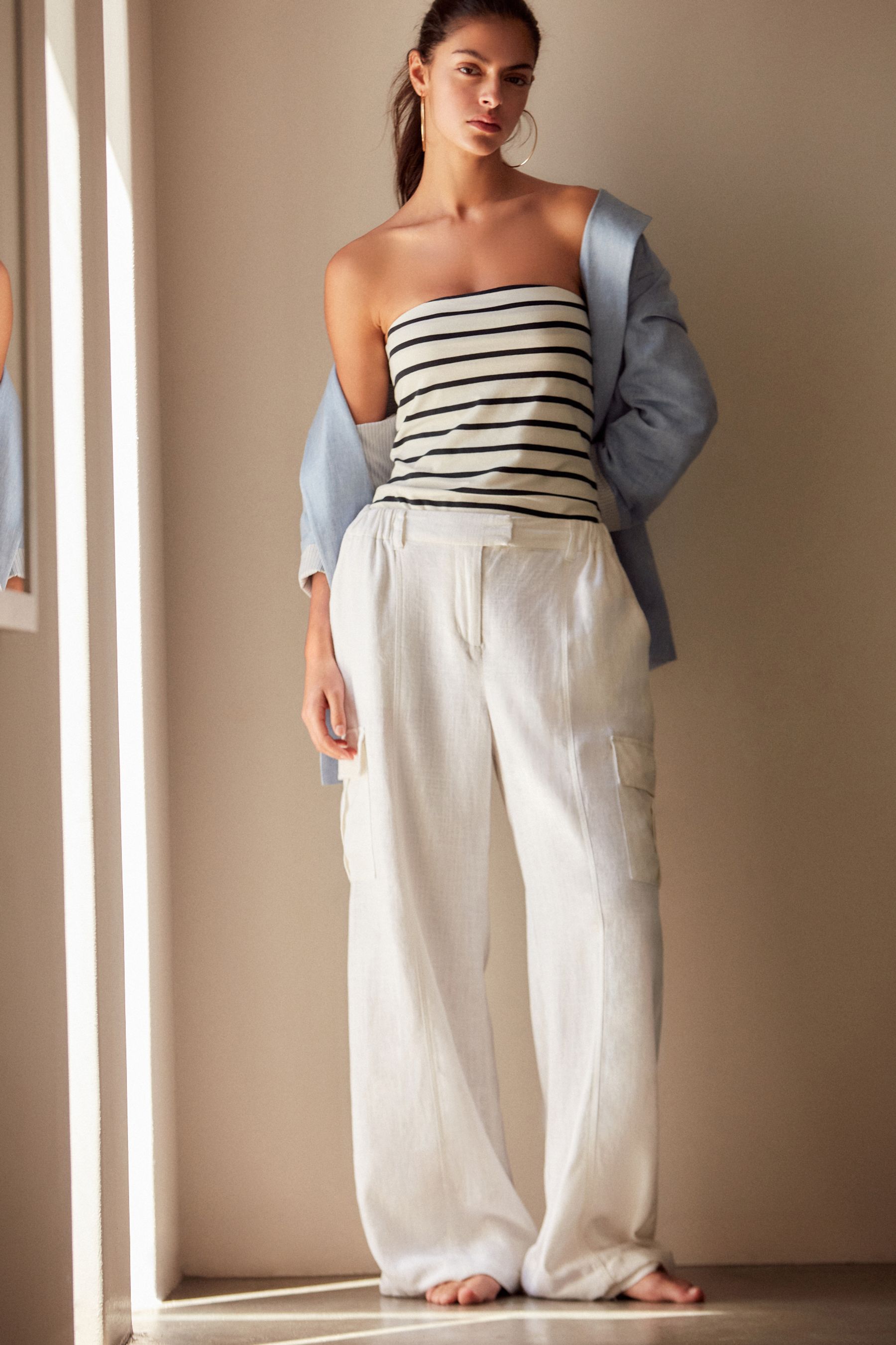 Buy White Linen Blend Cargo Wide Leg Trousers from Next Luxembourg