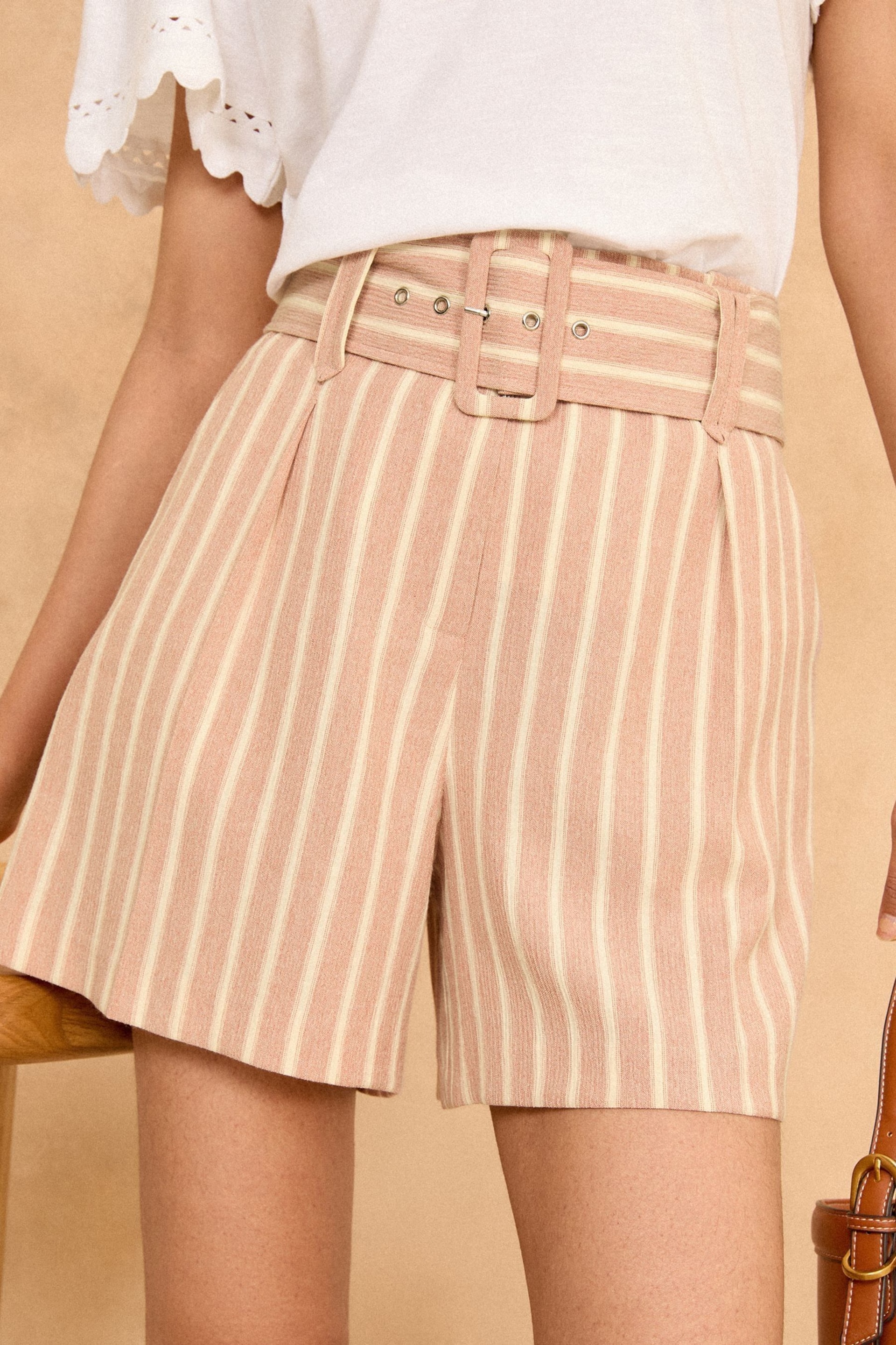 Love & Roses Pink Stripe Tailored Belted Shorts With Linen - Image 2 of 4