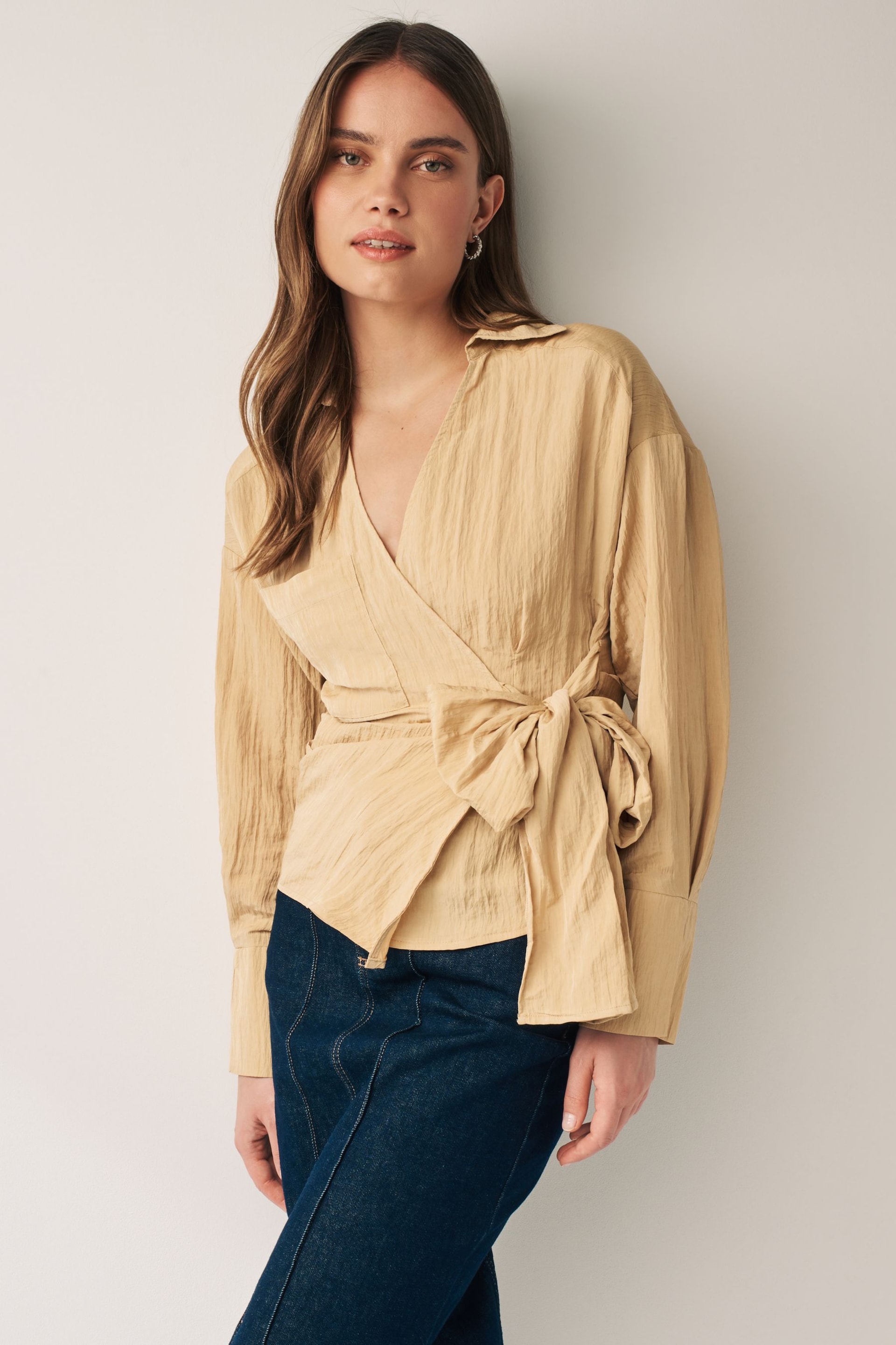 Tan Brown Crinkle Long Sleeve Wrap Shirt - Image 1 of 4
