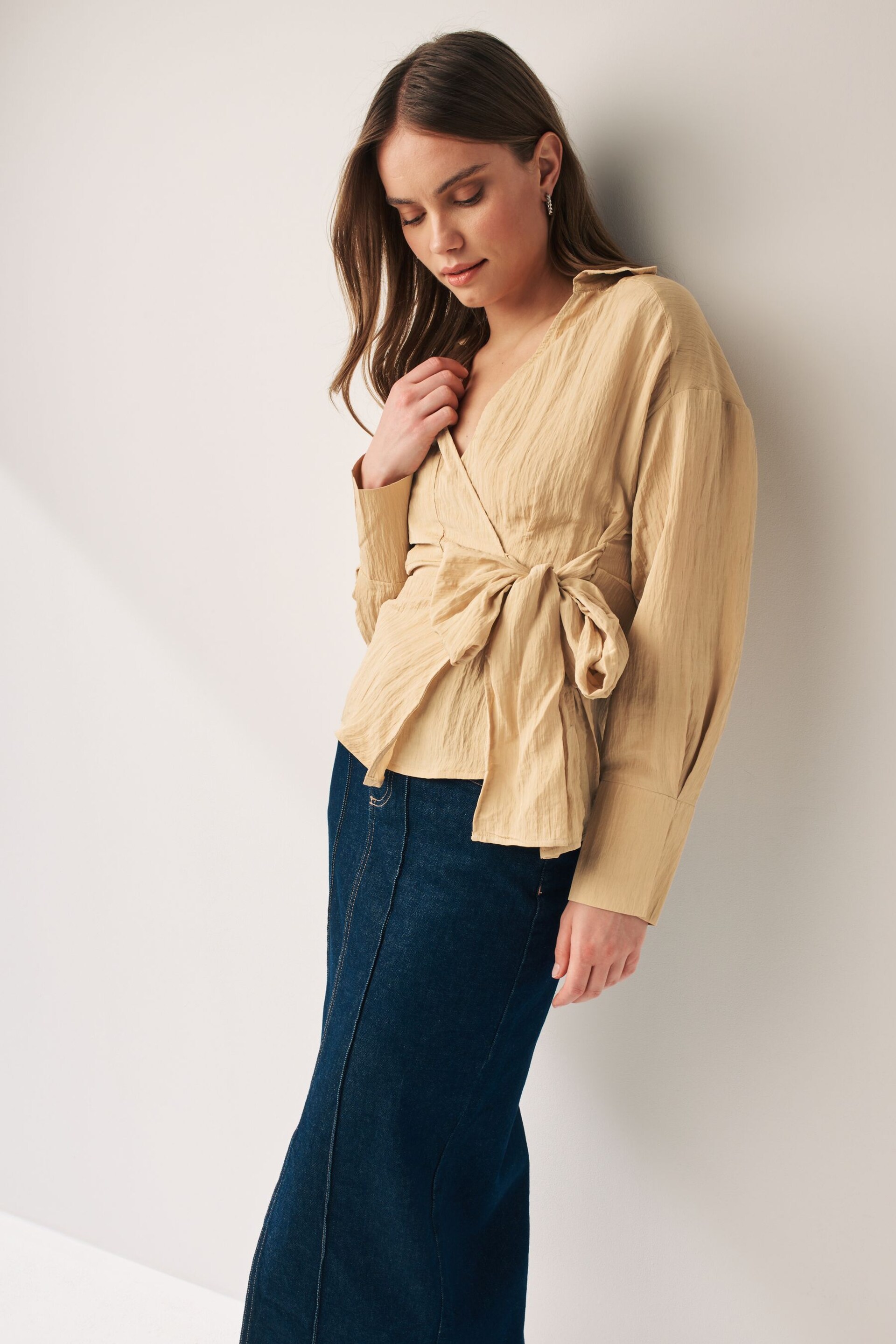 Tan Brown Crinkle Long Sleeve Wrap Shirt - Image 2 of 4