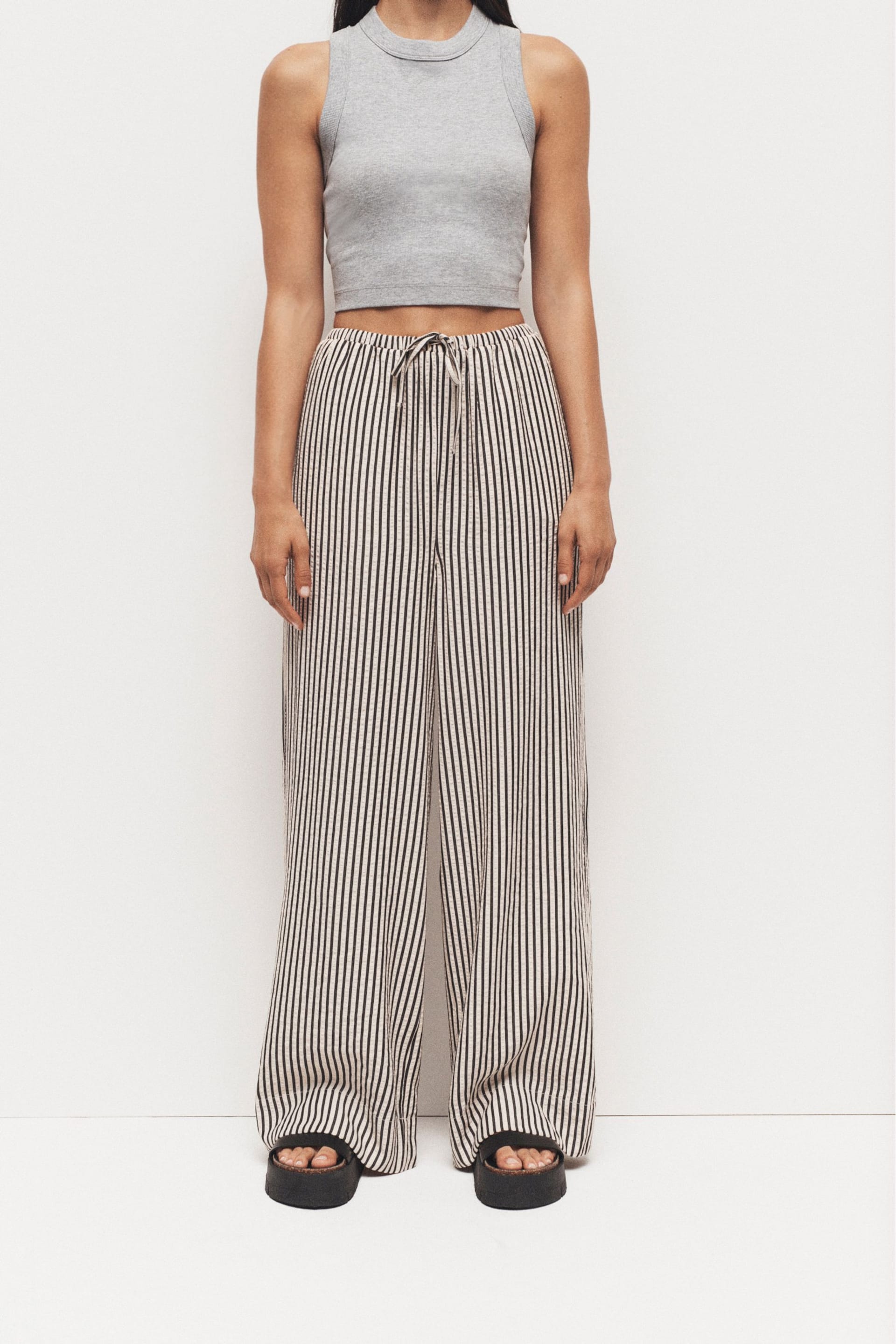 Black and White Textured Stripe Wide Leg Trousers - Image 2 of 6