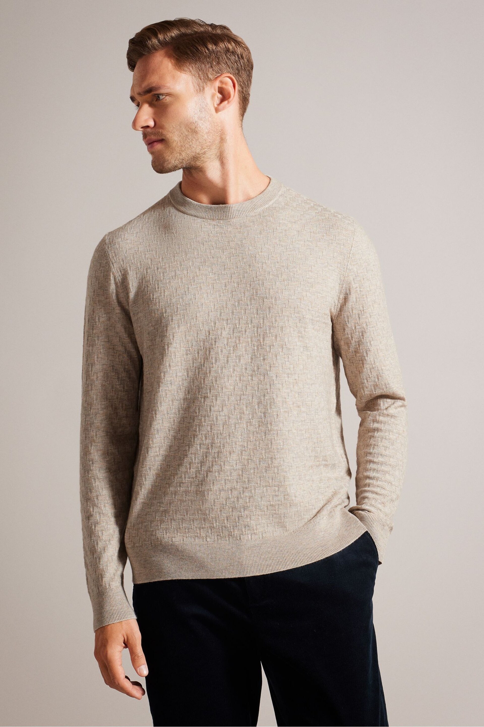 Ted Baker Natural Loung Long Sleeve T Stitch Crew Neck T-Shirt - Image 1 of 6