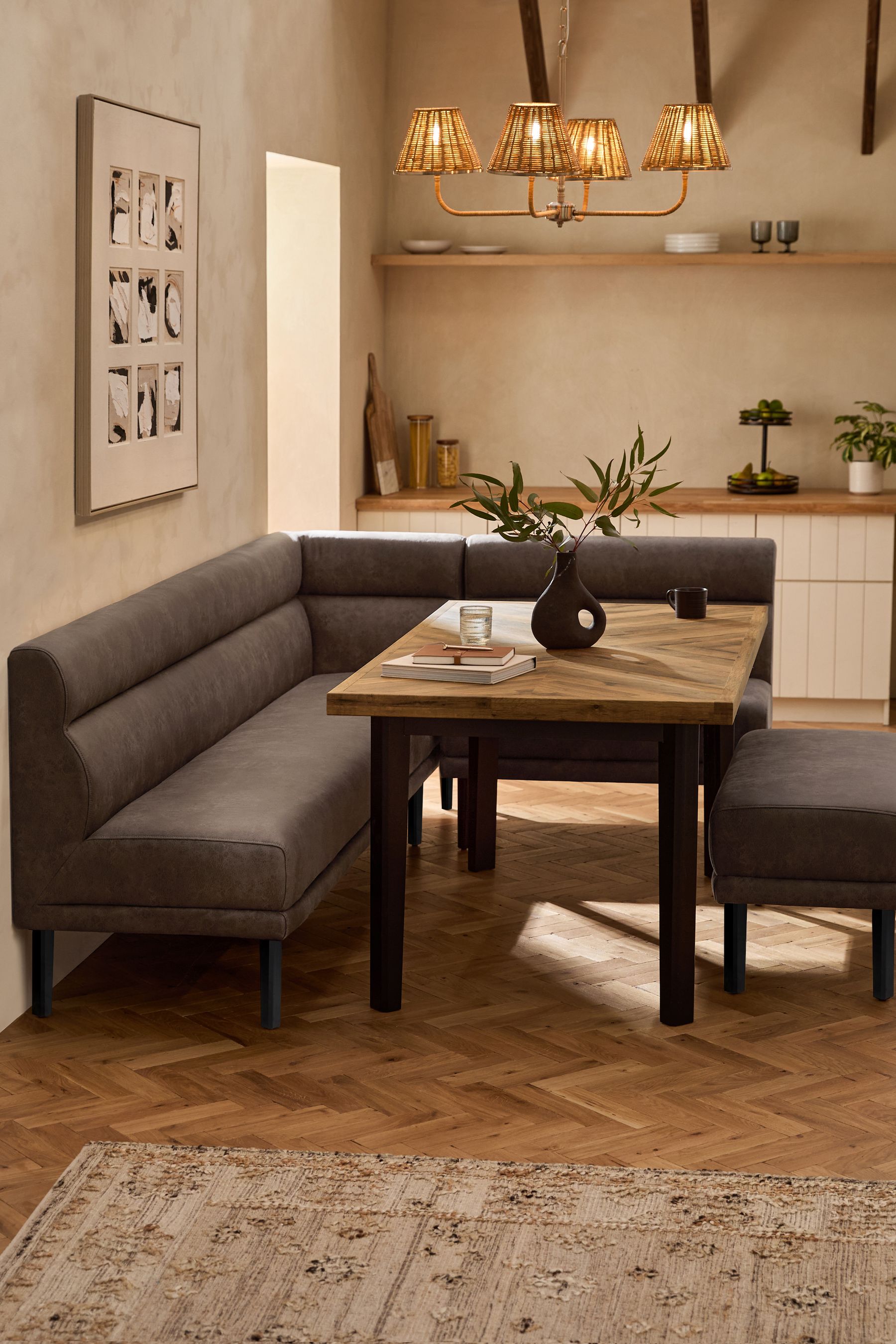 Buy Monza Faux Leather Peppercorn Brown Bronx 8 Seater Dining Table and Corner Bench Set from the Next UK online shop