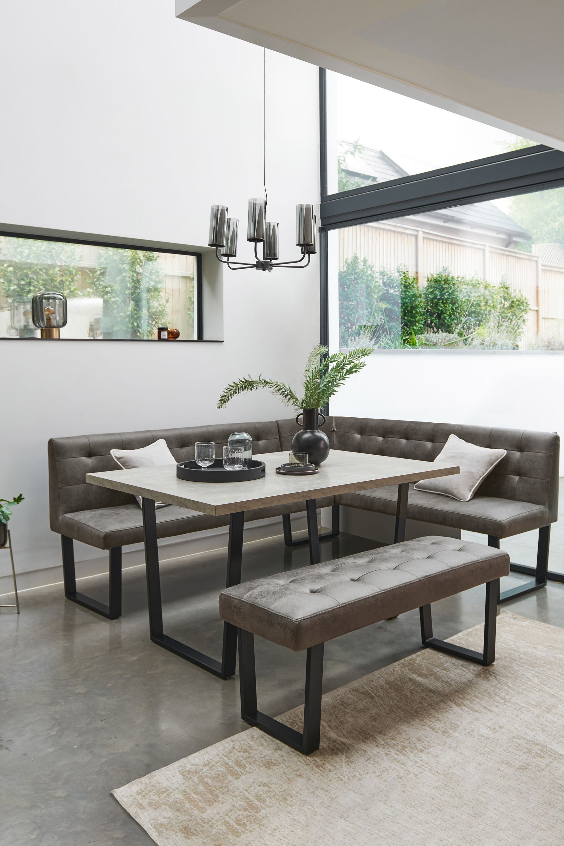 Buy Monza Faux Leather Dark Grey Curtis Right Hand Corner Dining Table and Bench Set from the Next UK online shop