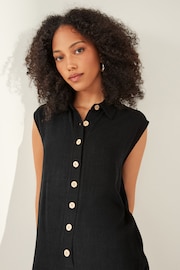 Black Button Down Romper Playsuit With Linen - Image 3 of 5