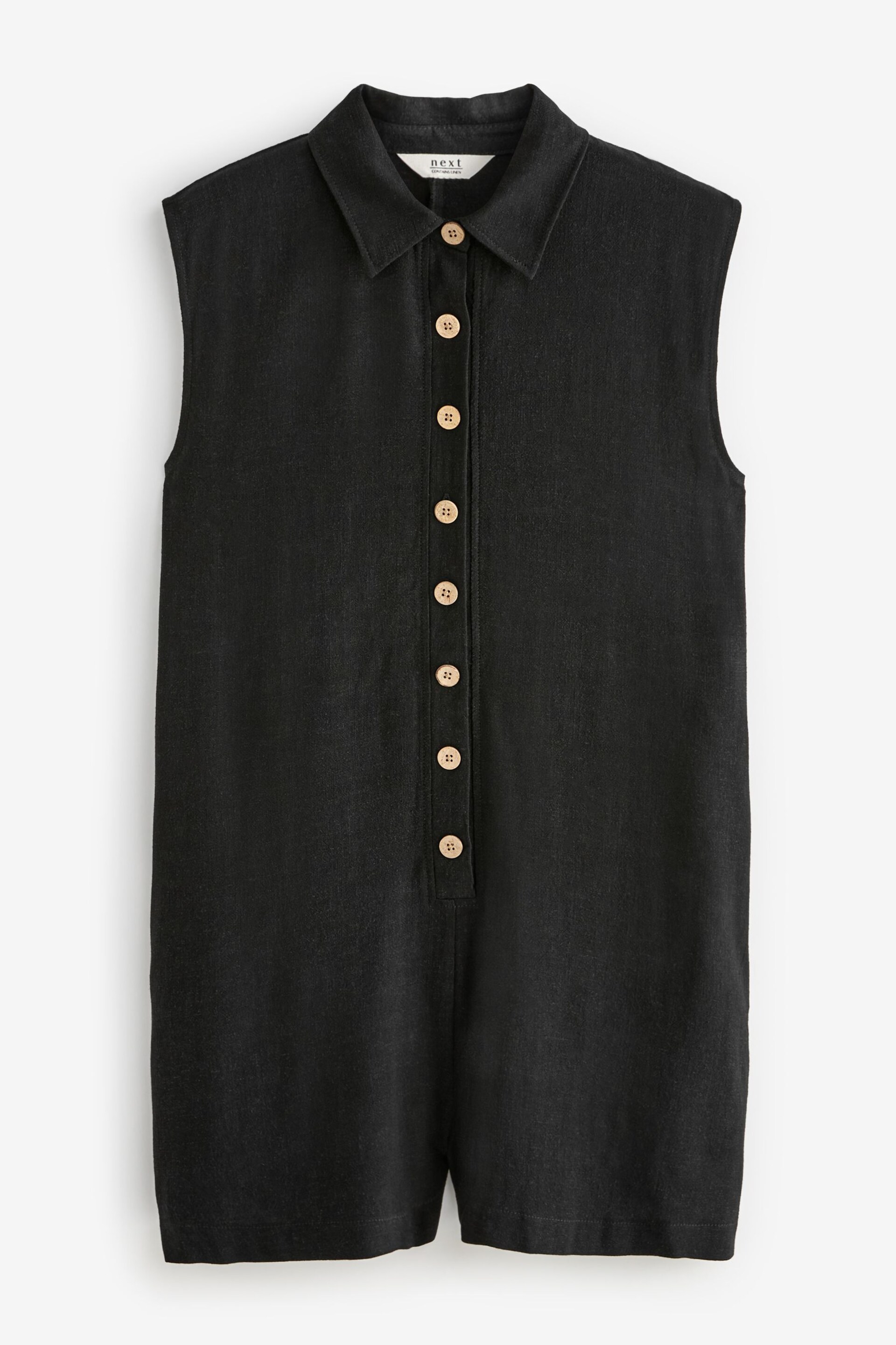 Black Button Down Romper Playsuit With Linen - Image 4 of 5