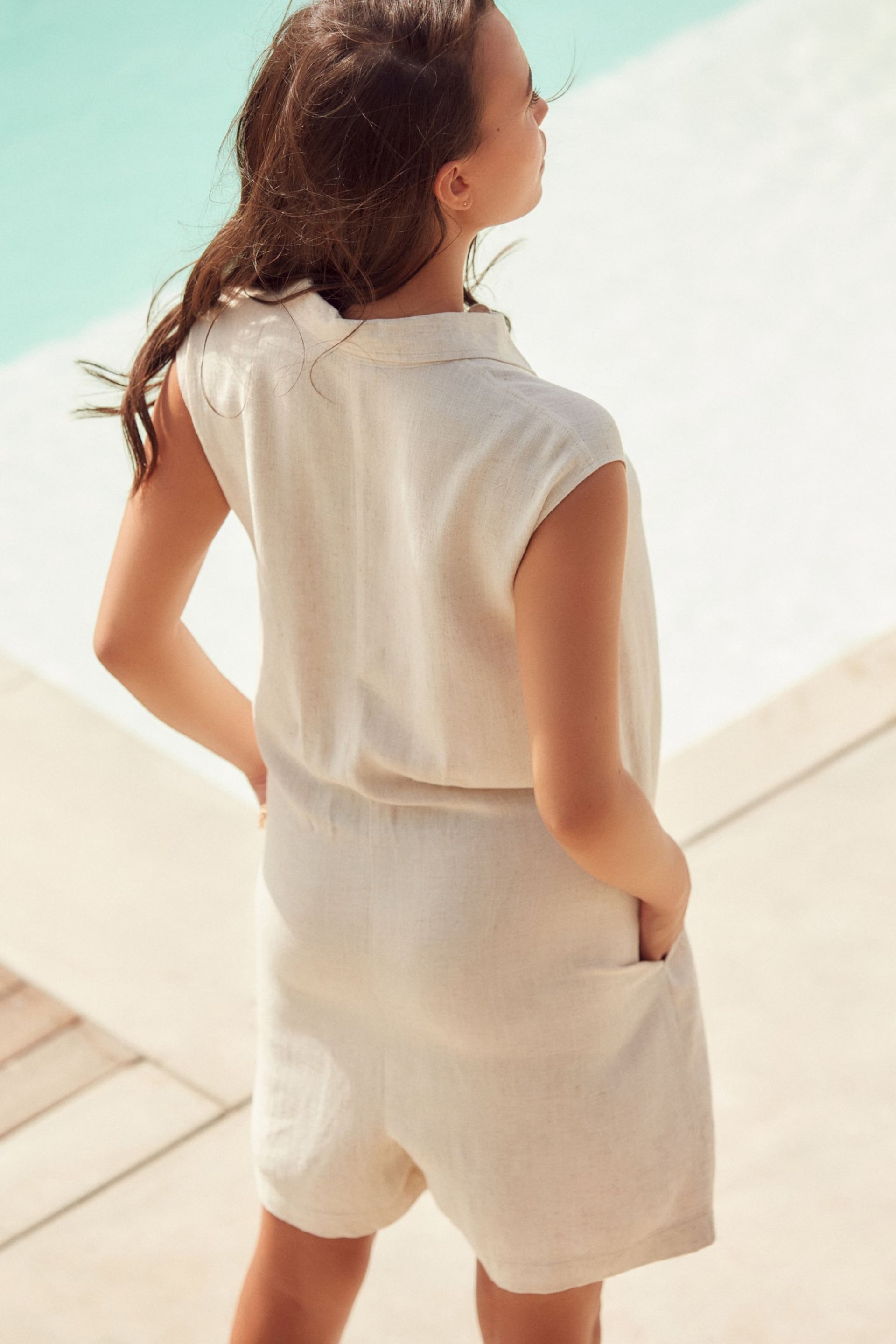 Natural Button Down Romper Playsuit With Linen - Image 3 of 6