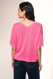 Bright Pink V-Neck Gem Button Linen T-Shirt - Image 3 of 6