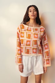 Orange Long Sleeve Square Crochet Knitted Jumper - Image 2 of 6