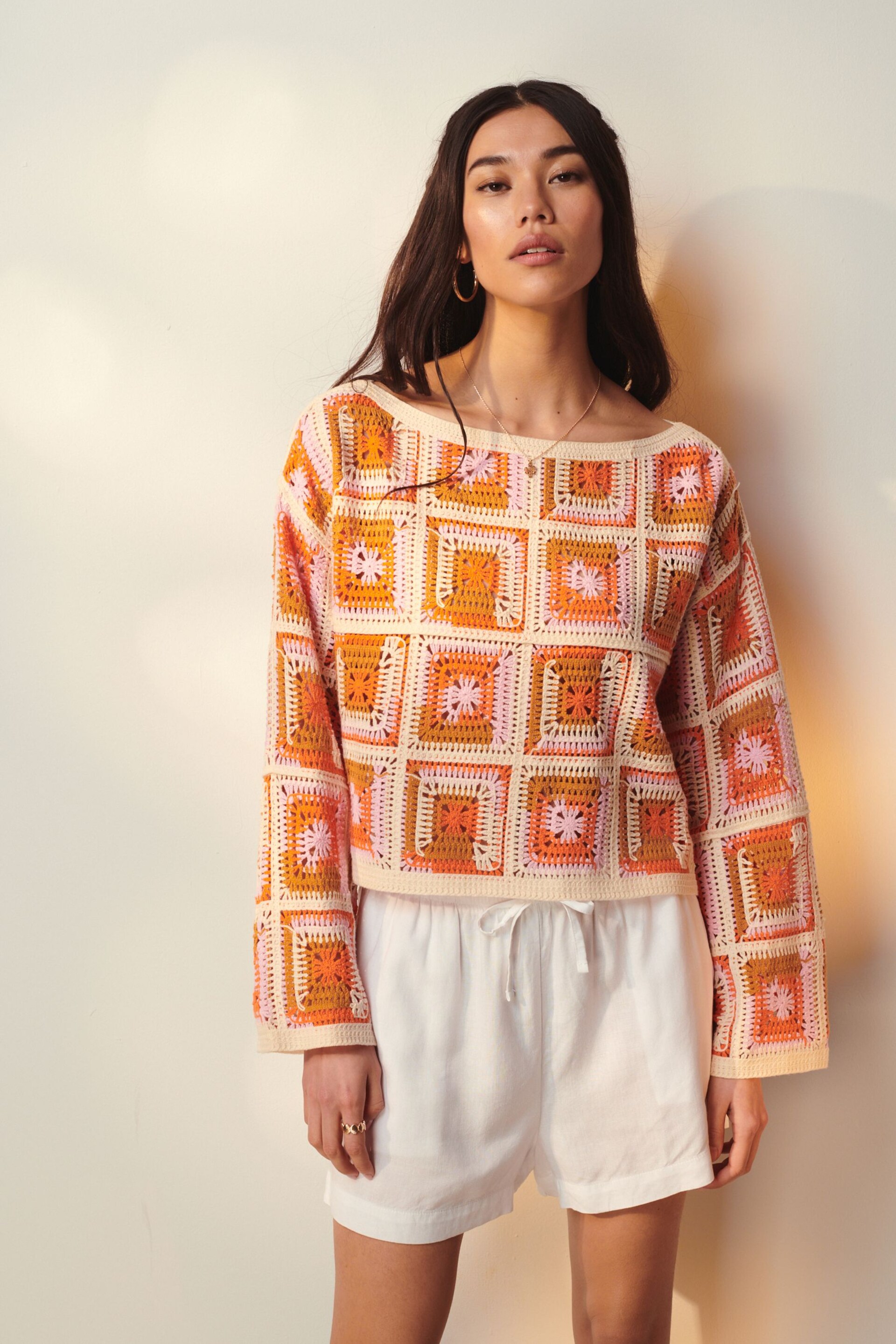 Orange Long Sleeve Square Crochet Knitted Jumper - Image 2 of 6