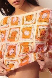 Orange Long Sleeve Square Crochet Knitted Jumper - Image 4 of 6