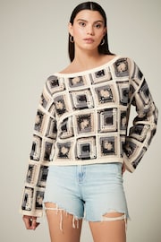 Neutral Long Sleeve Square Crochet Knitted Jumper - Image 2 of 6