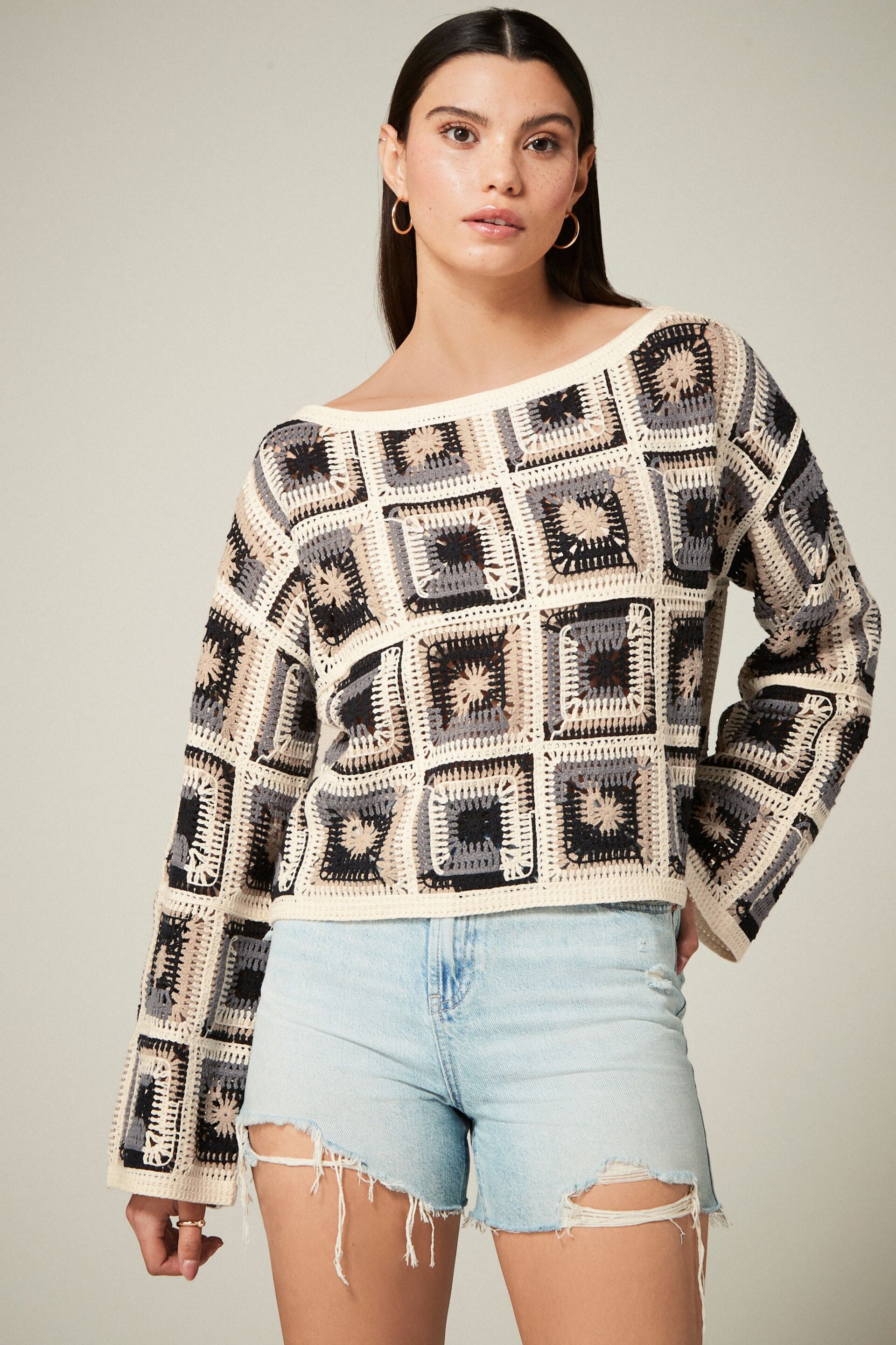 Neutral Long Sleeve Square Crochet Knitted Jumper - Image 2 of 6