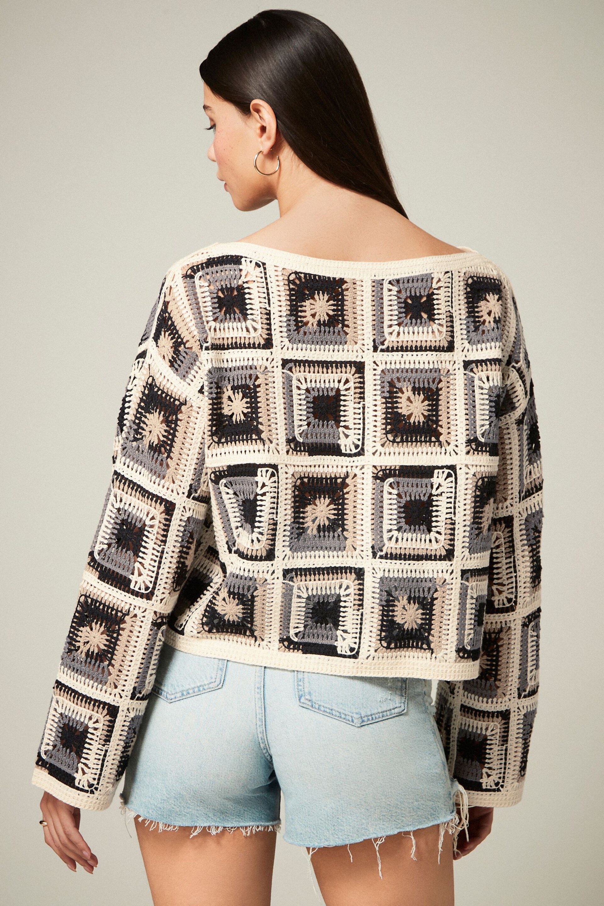 Neutral Long Sleeve Square Crochet Knitted Jumper - Image 3 of 6