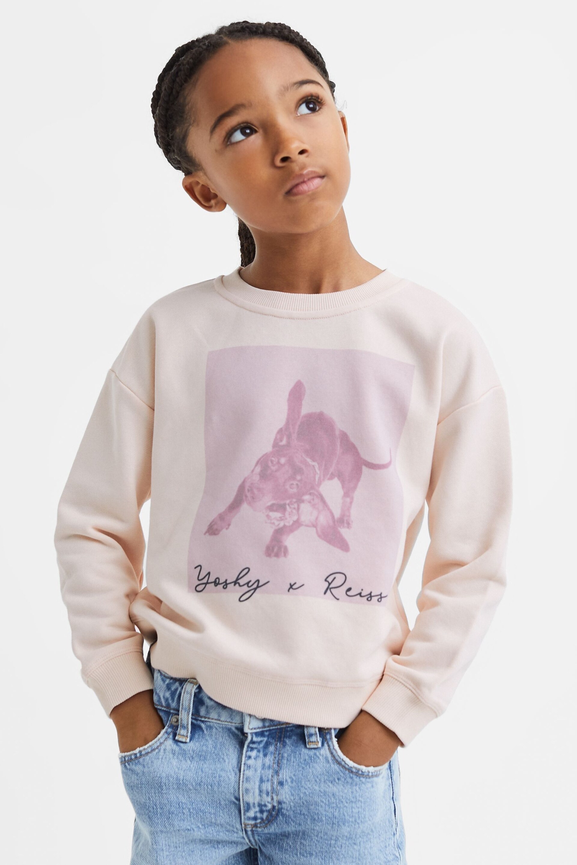 Reiss Pink Yoshy Junior Cotton Print Crew Neck Jumper - Image 1 of 6