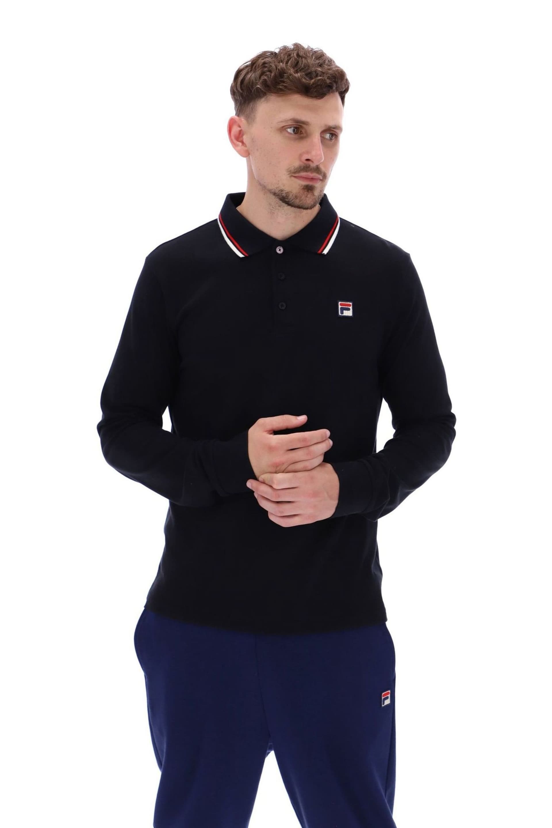 Fila Black Monte Tipped Collar Long Sleeve Polo Shirt - Image 1 of 6