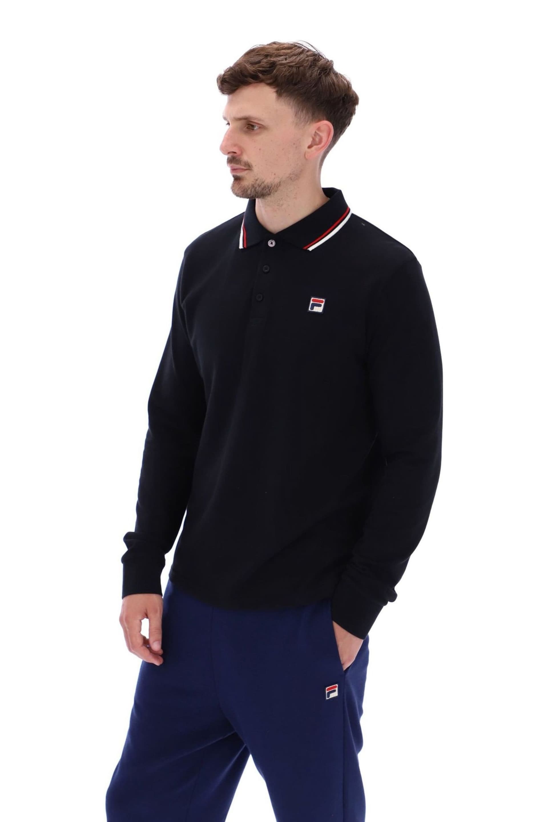 Fila Black Monte Tipped Collar Long Sleeve Polo Shirt - Image 5 of 6