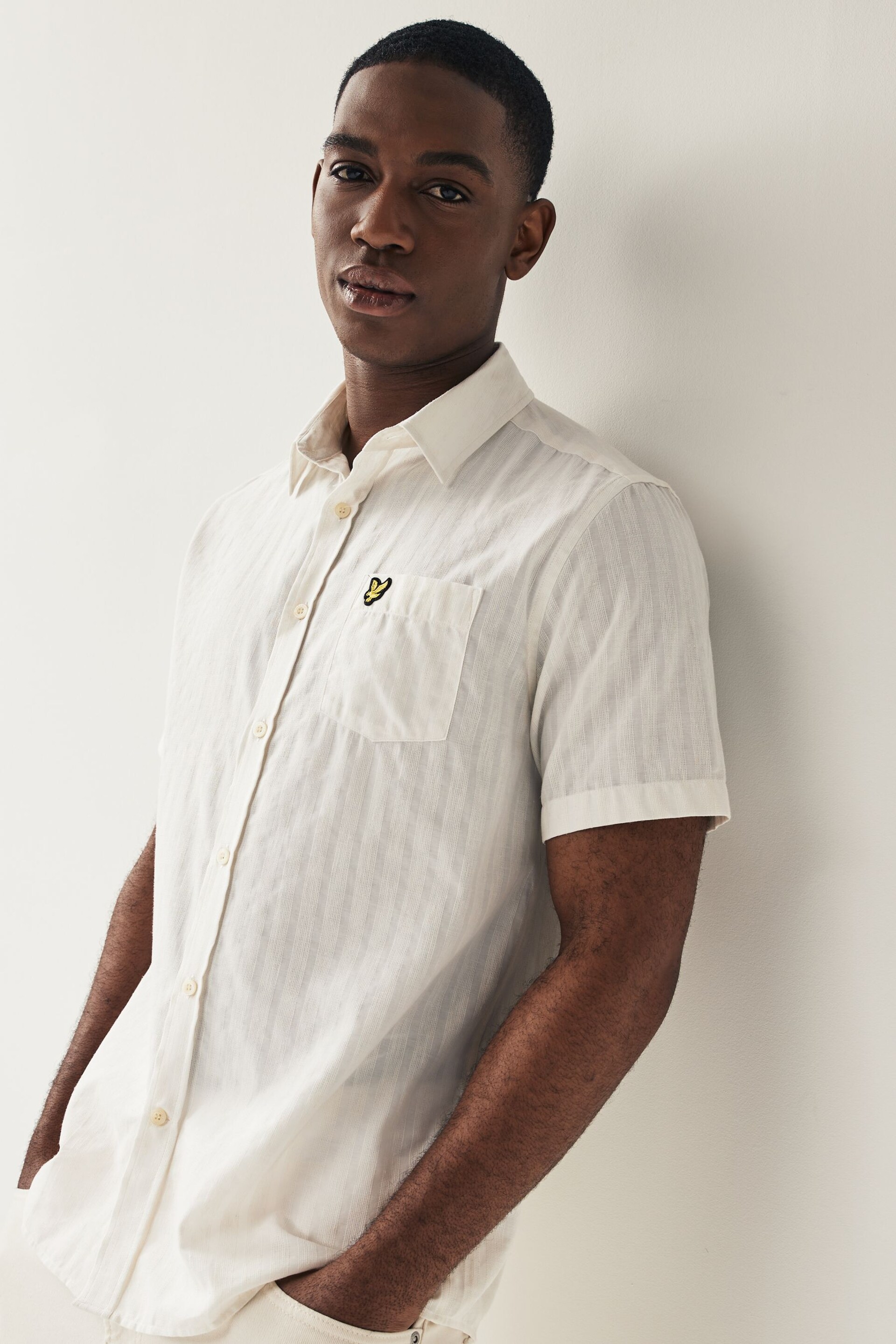 Lyle & Scott Textured Stripe Short Sleeve Ecru White Shirt - Image 1 of 4