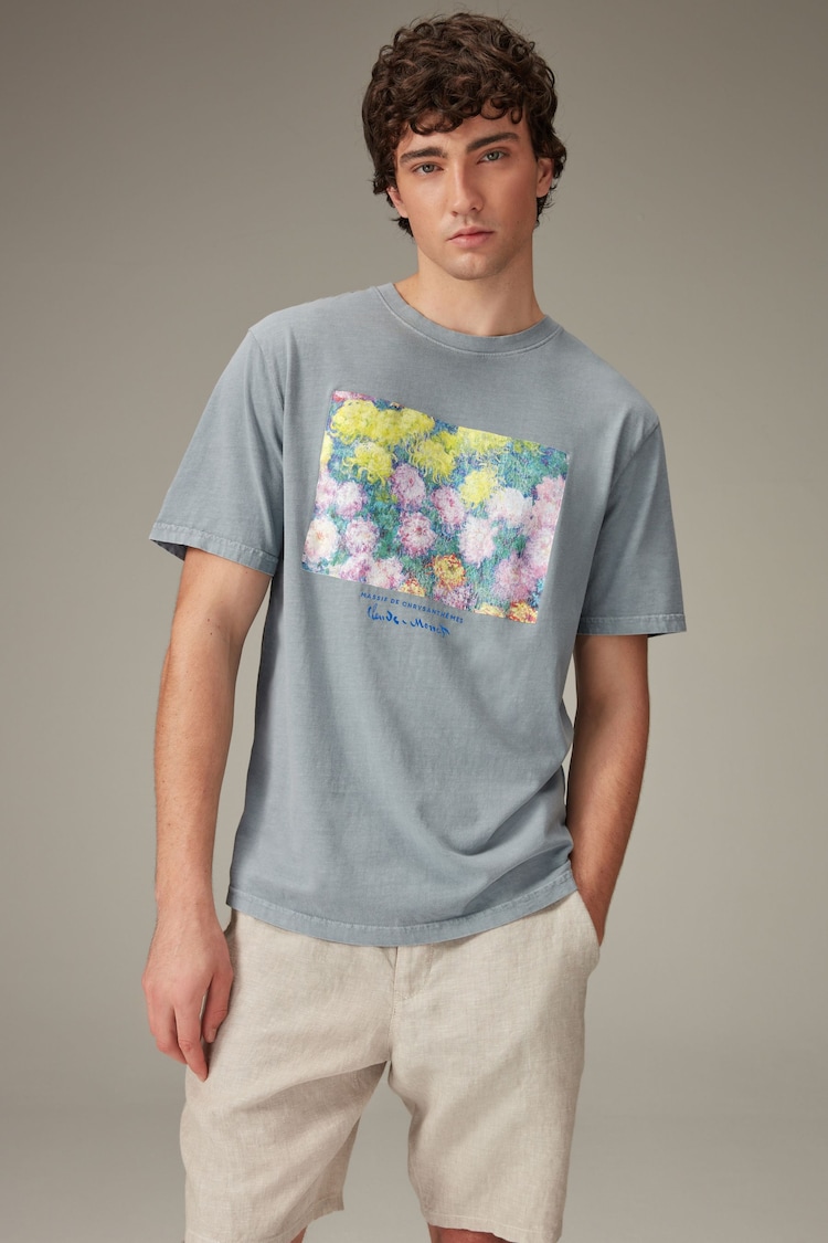Monet Flowers Light Blue Wash Artist Licence T-Shirt - Image 1 of 7