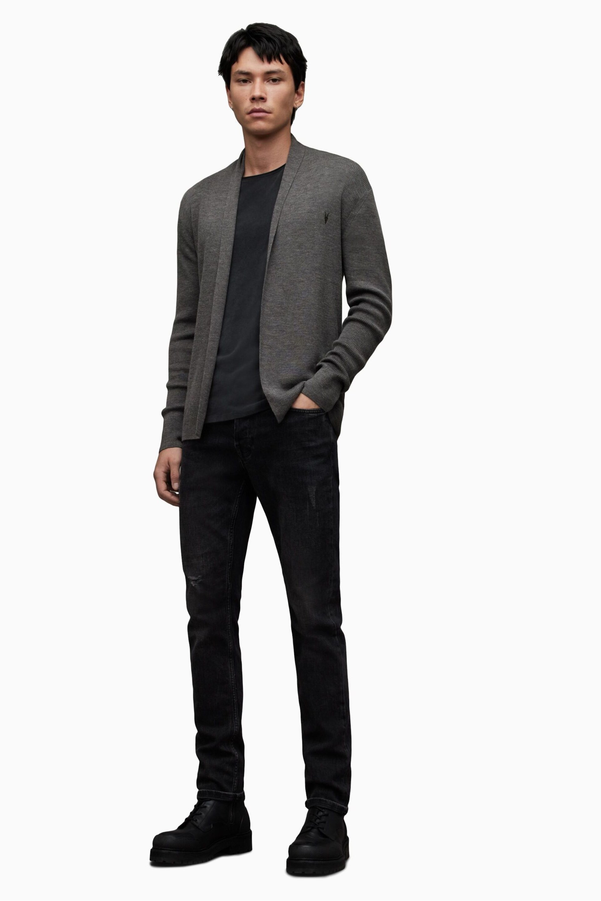 AllSaints Grey Mode Merino Open Car Cardigan - Image 3 of 6