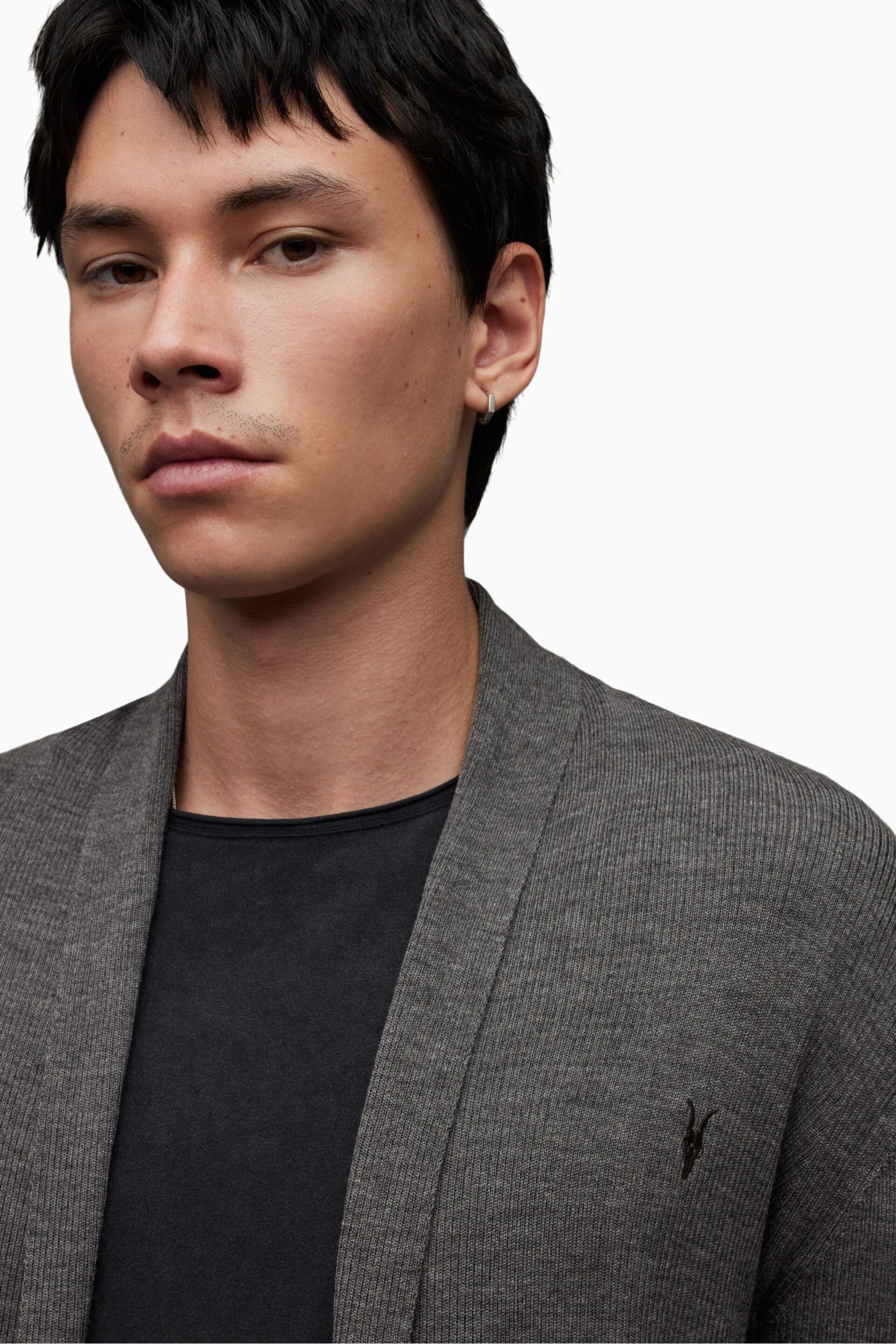 AllSaints Grey Mode Merino Open Car Cardigan - Image 5 of 6